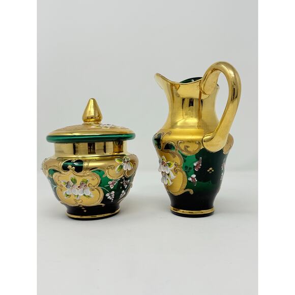 Murano Style Sugar Bowl and Creamer Pitcher Glass Hand Painted Green and Gold - Picture 3 of 8